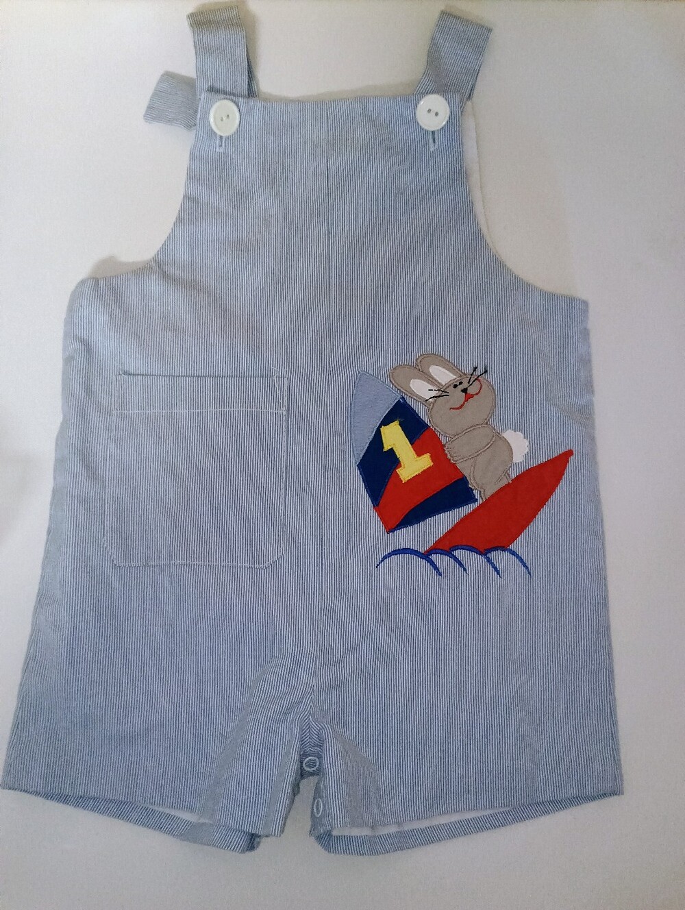 Vintage Papaya Seersucker Jon Jon Shortalls | Bunny Sailboat 1st Birthday